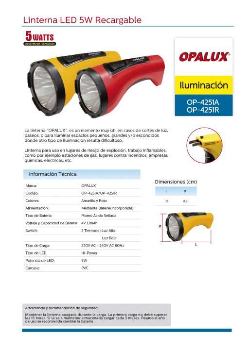 Westor OP-4251A Opalux Linterna Portátil Recargable LED 5W OP-4251A OPALUX