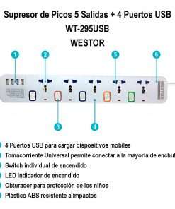 Westor WT-295USB Westor Supresor de Picos 5 Salidas + 4 Puertos USB WT-295USB WESTOR