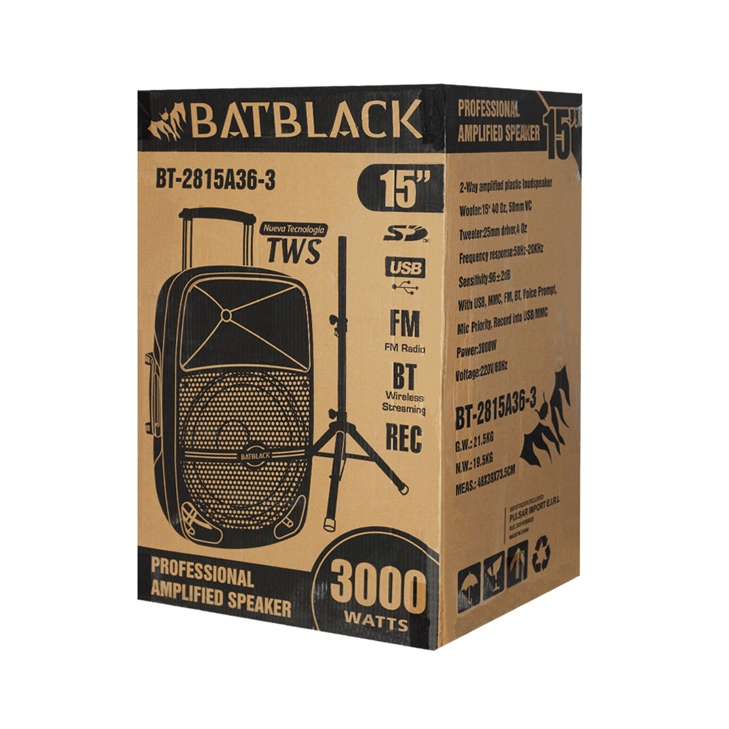 BT-2815A36-3 Westor BT-2815A36-3 Batblack Parlante Amplificado 15" 3000W Recargable con BT, FM, USB, SD CARD, 2 Micrófonos Inalámbricos y Pedestal BT-2815A36-3 BATBLACK
