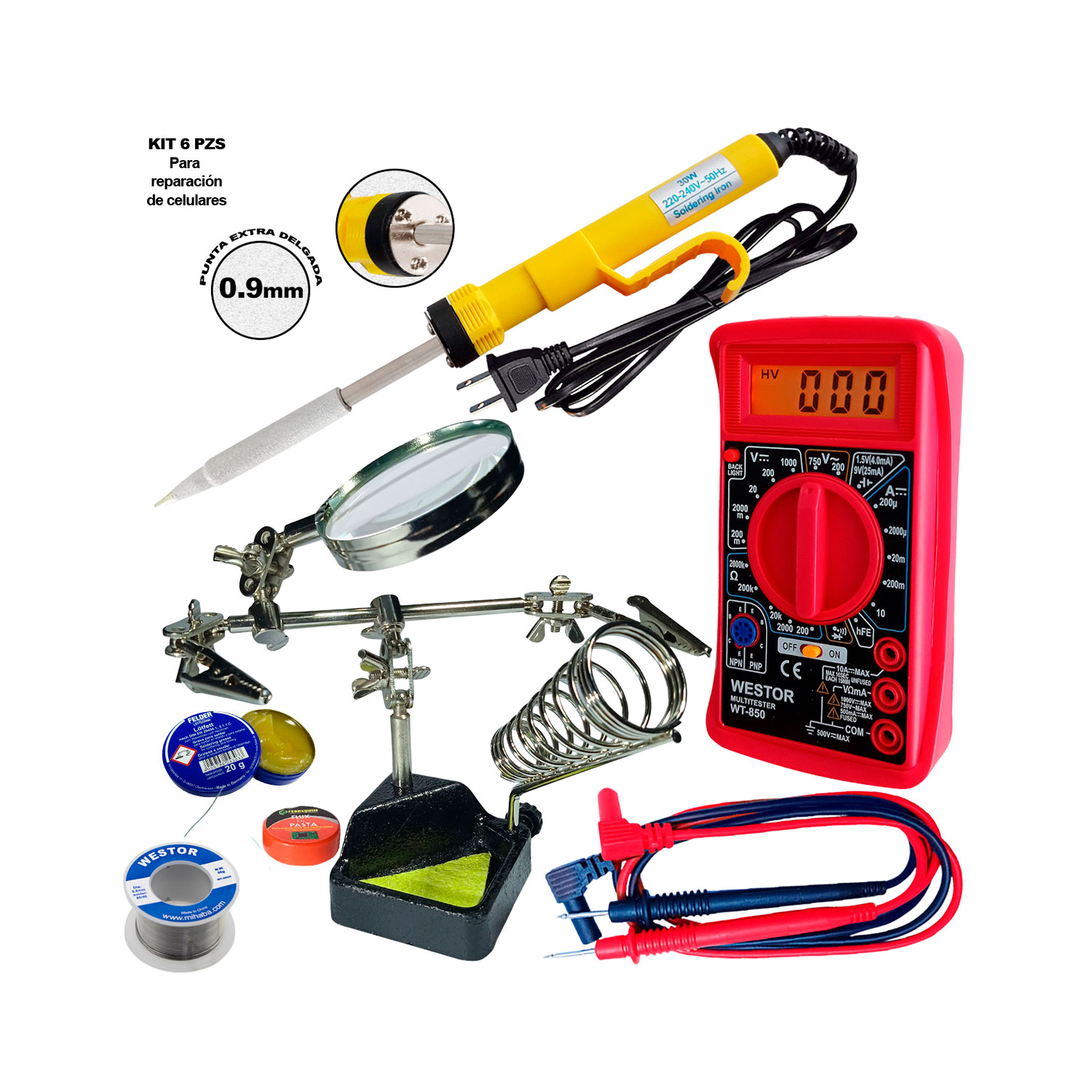 MI-DT850KIT6 Westor MI-DT850KIT6 Westor Kit Multímetro Multitester + Cautín + Soporte lupa + Pasta + Flux + Estaño WT-MI-DT850KIT6 Westor