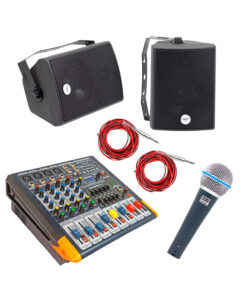 Consola Amplificada 600W 4 canales C/USB/MP3/BT + Parlantes ambientales + 1 Micrófono + 10Mts Cable mellizo MIHABA-BT-4D2-KIT