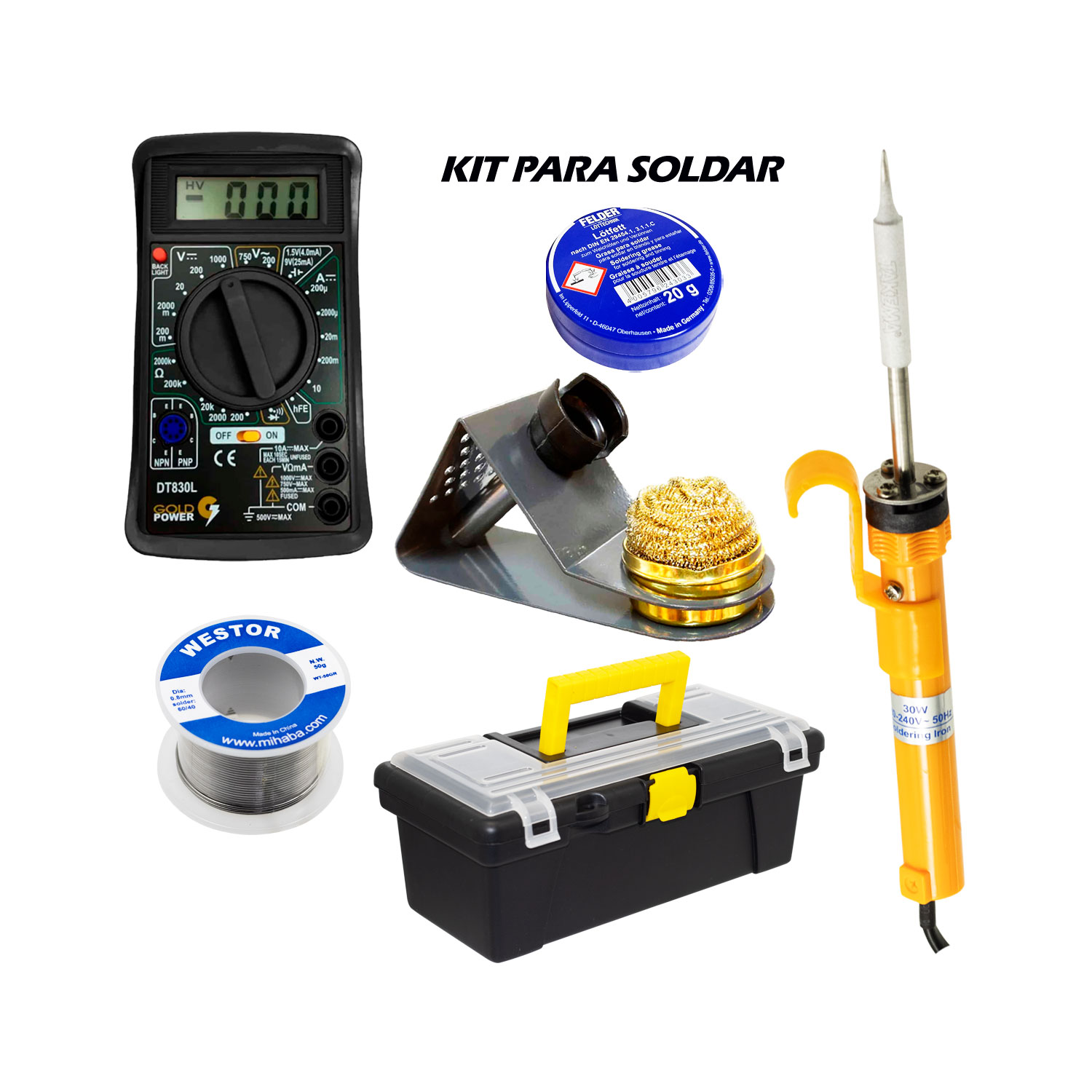 MIHABA-DT830KIT6 Westor MIHABA-DT830KIT6 Westor Kit Cautín + Multímetro + Soporte + Pasta + Soldadura + Caja MIHABA-DT830KIT6
