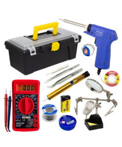 Kit Cautín + Multímetro Multitester + Soporte c/ limpiador + Succionador + Pasta + Estaño + 2 Pinzas + Punta repuesto + Batería + Malla p/ desoldar + Caja de herramientas WESTOR-KIT-12
