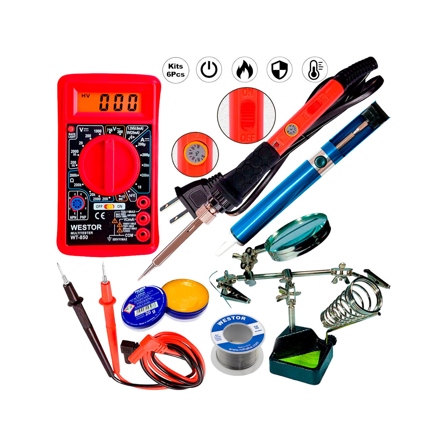 WT-850LUPAKIT6 Westor WT-850LUPAKIT6 Westor Kit Multímetro Multitester + Cautín + Soporte lupa + Succionador + Pasta + Estaño WT-850LUPAKIT6 WESTOR