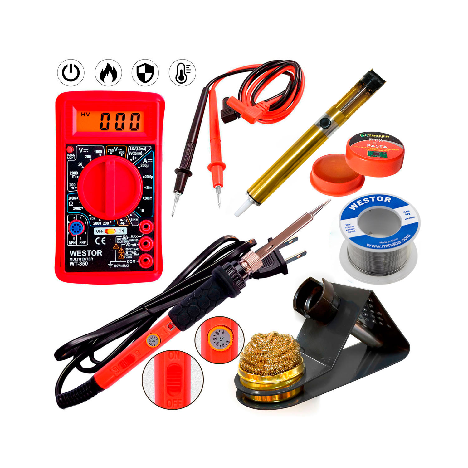 WT-850UTKIT6 Westor WT-850UTKIT6 Westor Kit Multímetro Multitester + Cautín + Soporte lupa + Succionador + Flux + Estaño WT-850UTKIT6 WESTOR