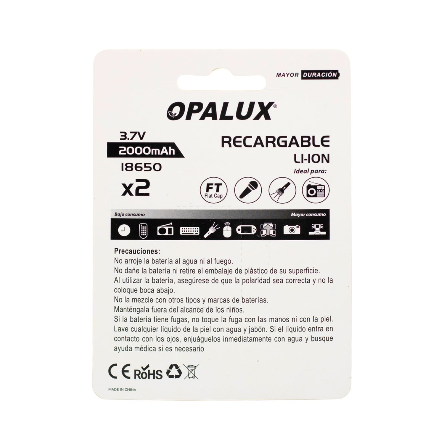 ICR18650-20FT(B2)-1 Westor ICR18650-20FT(B2) Opalux Baterías Recargables 18650 X2 (Fc) Li-Ion 3.7V 2000mAh Icr18650-20Ft(B2) OPALUX