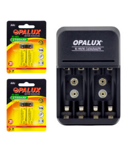Kit Cargador de pilas 9V/AA/AAA con 4 pilas AA NiMH recargables MIHABA-DH2700AA-KIT3 OPALUX