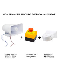 Kit Sirena Blanca + Pulsador de Emergencia + Sensor de Movimiento KIT-WT-085-1