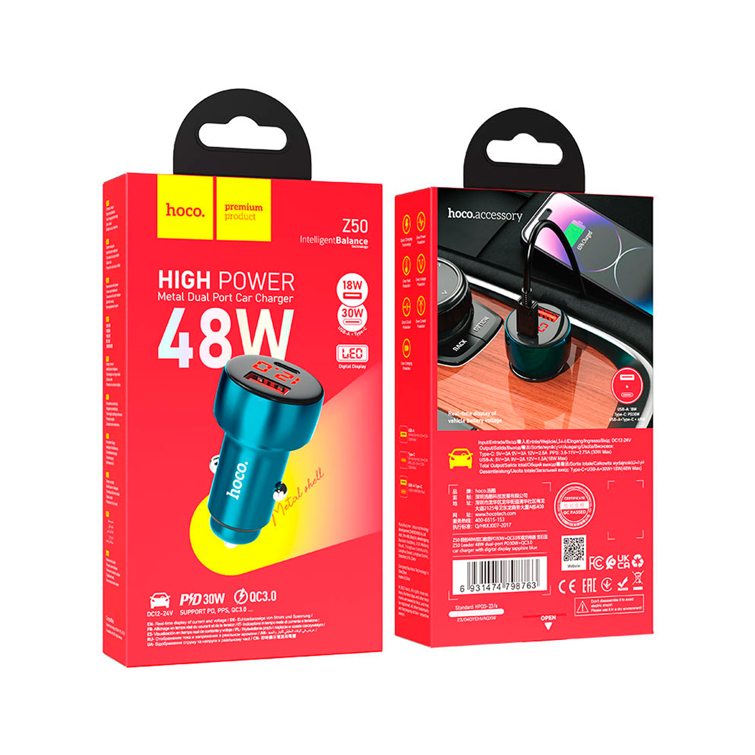 Z50-6 Westor Z50 HOCO Cargador para Auto con Pantalla Digital 48W PD30W + QC3.0 HOCO Z50